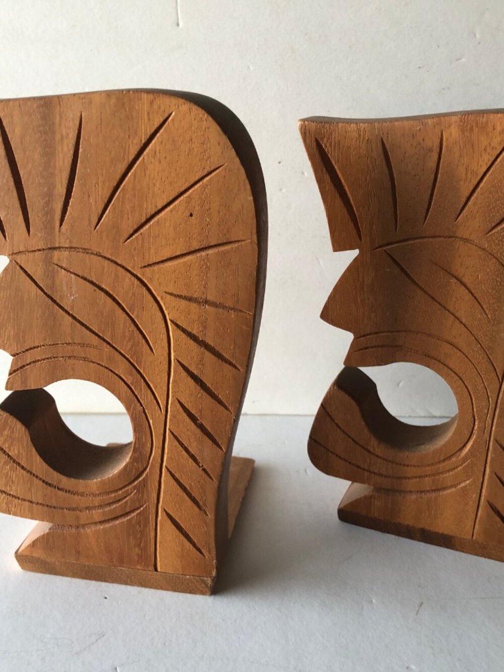 Vintage Hawaiian Tiki Face Wooden Bookends - 7.5" Tall